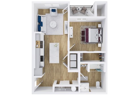 Floor plan for 1 bed, 1 bath, 733 sqft